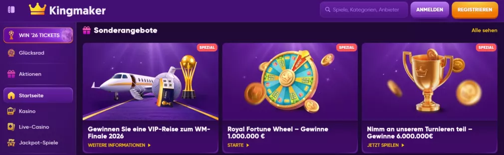 Kingmaker Casino – 500 € Willkommensbonus + 50 Gewinnchancen auf 1.000.000 €